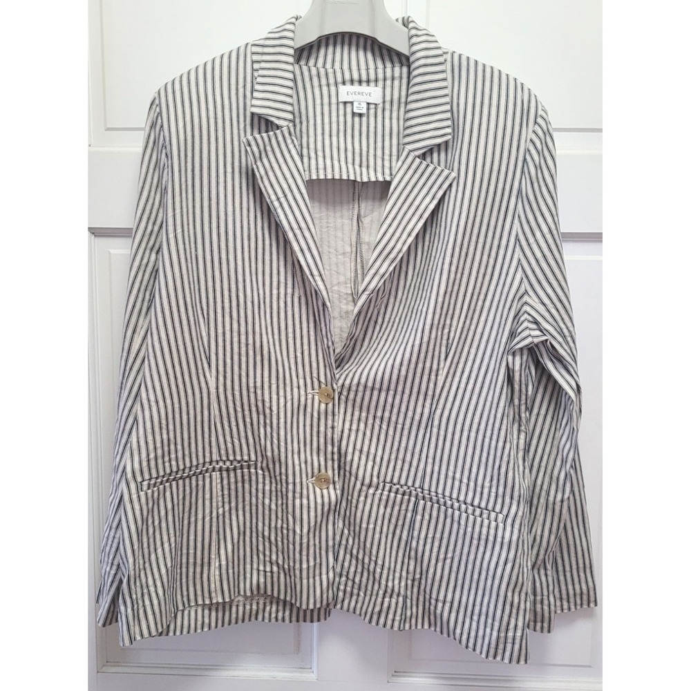Evereve Women's Thea Linen Blend 2-Button Blazer - Blue Stripe - Sz XL